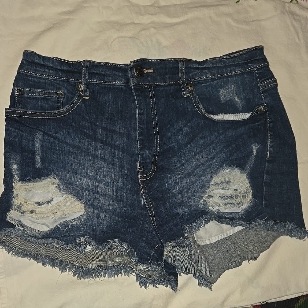 Blue Distressed Jean Shorts with Raw Hem